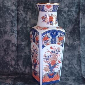 Floral Porcelain Vase with Blue and Orange Accents